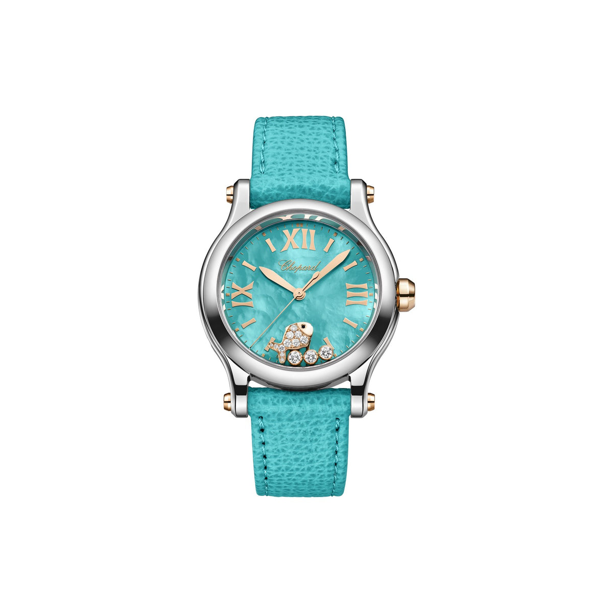 Chopard Happy Sport watch in 18k ethical rose gold and stainless steel with moving diamonds