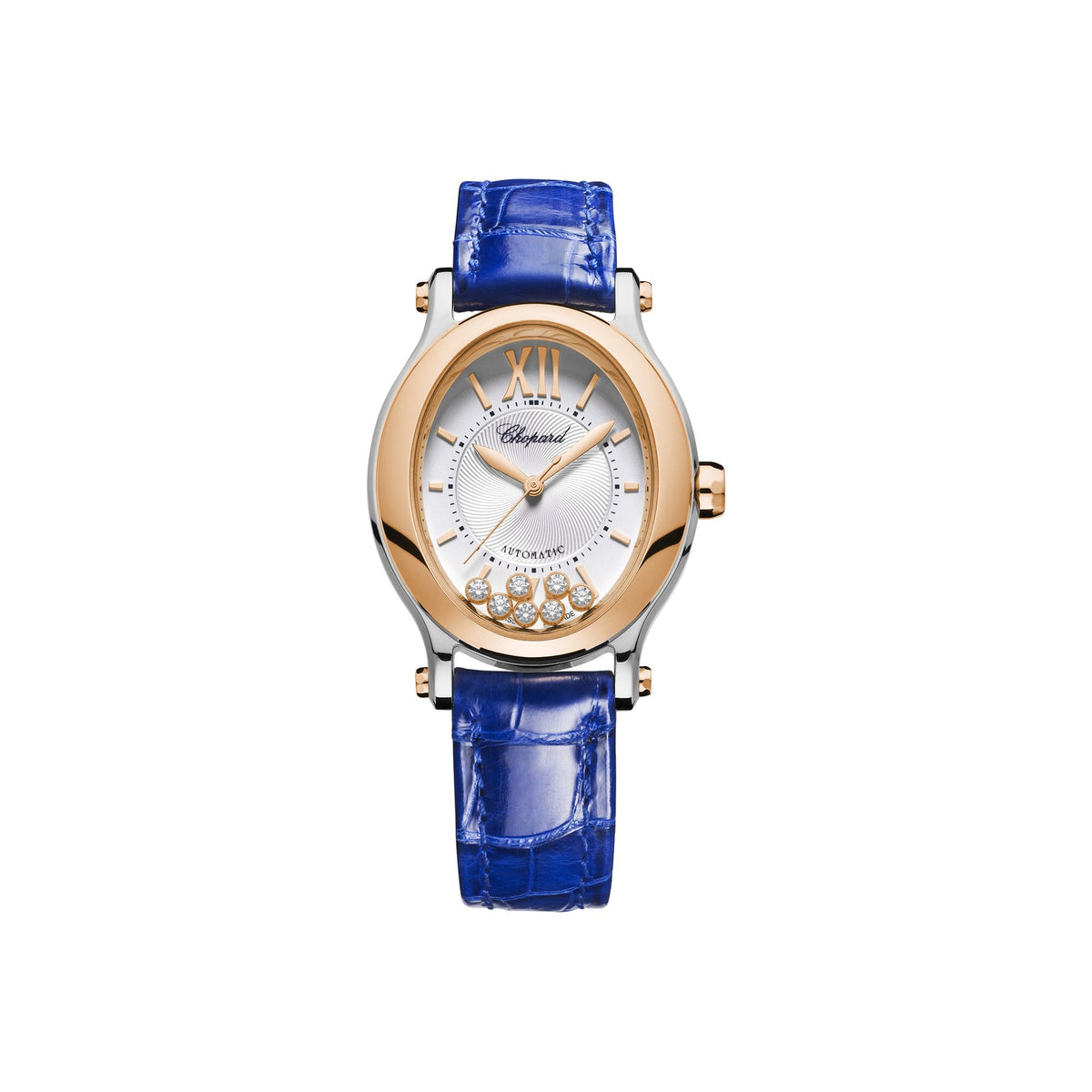 Chopard Happy Sport watch in 18k ethical rose gold and stainless steel with moving diamonds and sapphires