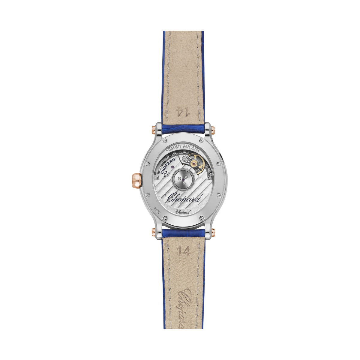 Chopard Happy Sport watch in 18k ethical rose gold and stainless steel with moving diamonds and sapphires, view 2