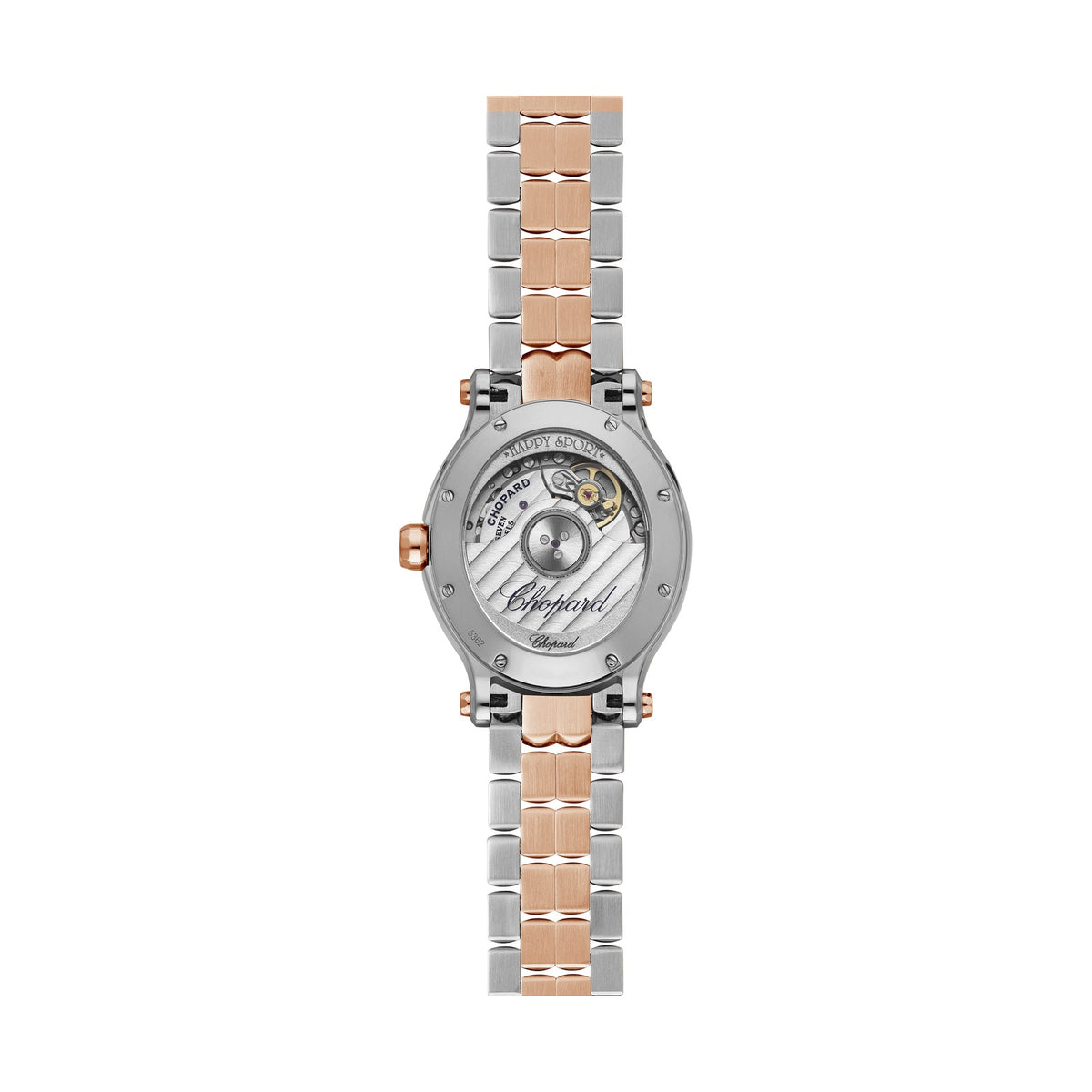 Chopard Happy Sport watch in 18k ethical rose gold and stainless steel with moving diamonds and sapphires, view 2