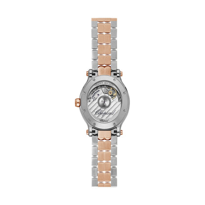 Chopard Happy Sport watch in 18k ethical rose gold and stainless steel with moving diamonds and sapphires, view 2
