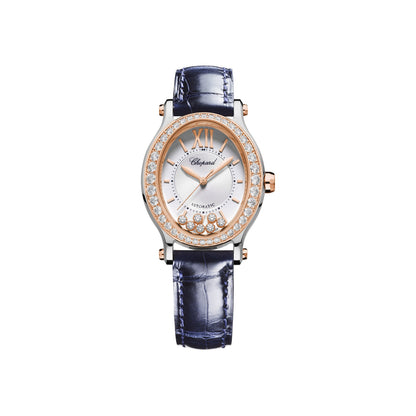 Chopard Happy Sport watch in 18k ethical rose gold and stainless steel with moving diamonds and sapphires