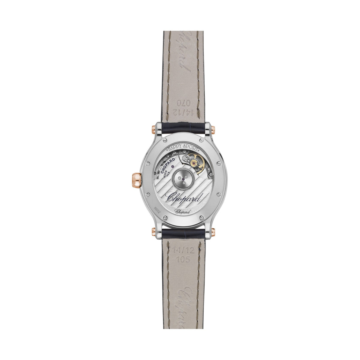Chopard Happy Sport watch in 18k ethical rose gold and stainless steel with moving diamonds and sapphires, view 2