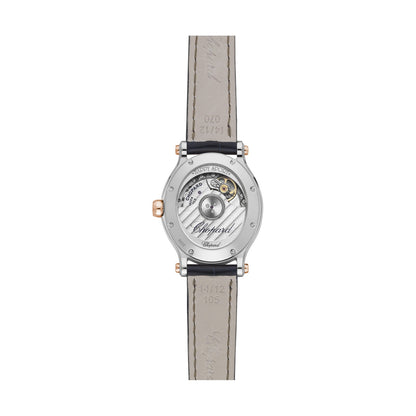 Chopard Happy Sport watch in 18k ethical rose gold and stainless steel with moving diamonds and sapphires, view 2