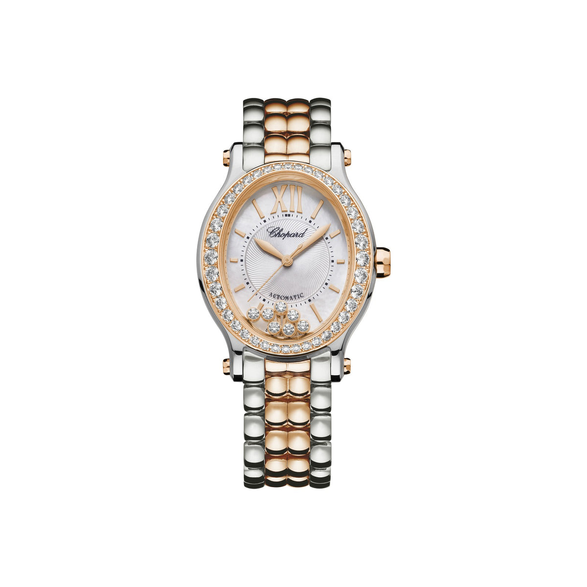 Chopard Happy Sport watch in 18k ethical rose gold and stainless steel with moving diamonds and sapphires
