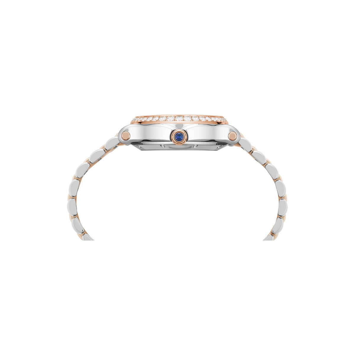 Chopard Happy Sport watch in 18k ethical rose gold and stainless steel with moving diamonds and sapphires, view 3