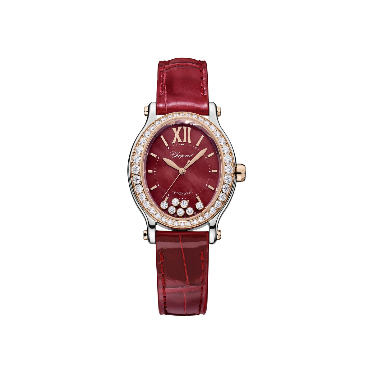 Chopard Happy Sport watch in 18k ethical rose gold and stainless steel with moving diamonds and rubies