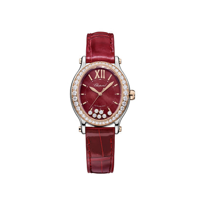 Chopard Happy Sport watch in 18k ethical rose gold and stainless steel with moving diamonds and rubies