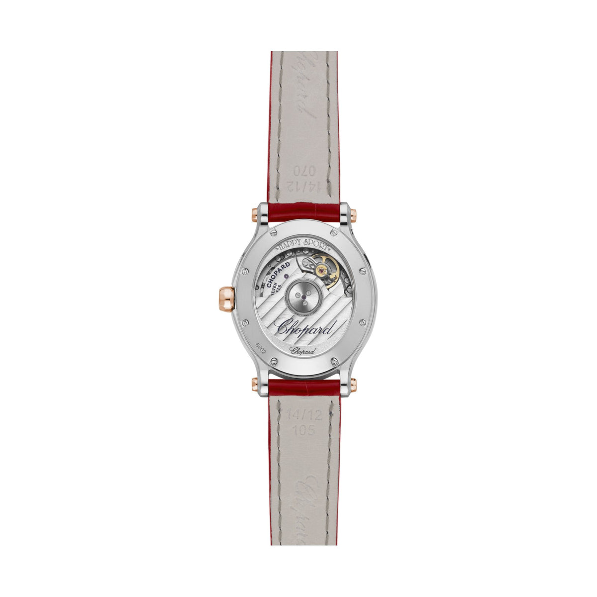 Chopard Happy Sport watch in 18k ethical rose gold and stainless steel with moving diamonds and rubies, view 2