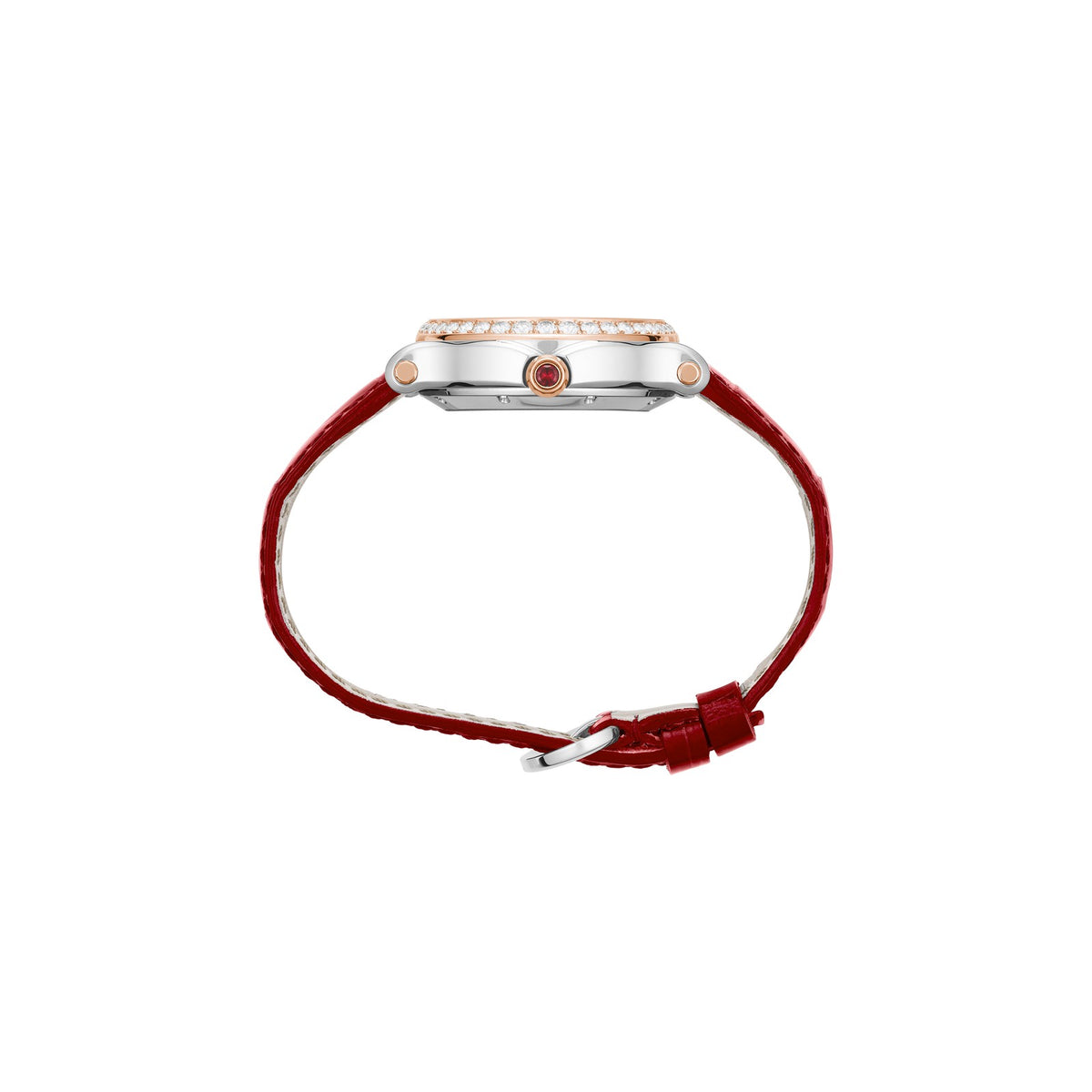 Chopard Happy Sport watch in 18k ethical rose gold and stainless steel with moving diamonds and rubies, view 3