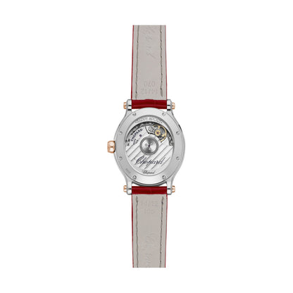 Chopard Happy Sport watch in 18k ethical rose gold and stainless steel with moving diamonds and rubies, view 2