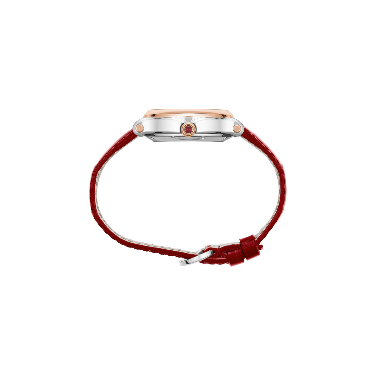 Chopard Happy Sport watch in 18k ethical rose gold and stainless steel with moving diamonds and rubies, view 3