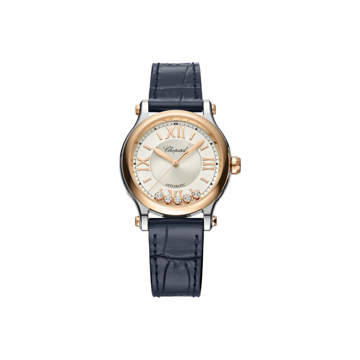 Chopard Happy Sport watch in 18k ethical rose gold and stainless steel with moving diamonds and sapphires
