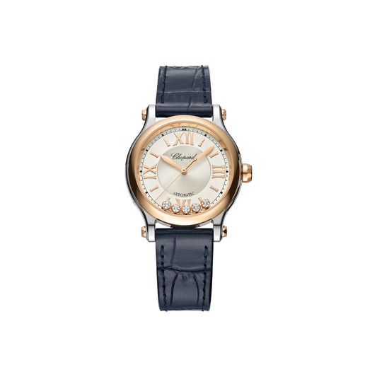 Chopard Happy Sport watch in 18k ethical rose gold and stainless steel with moving diamonds and sapphires