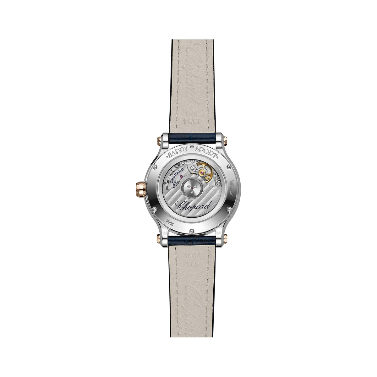 Chopard Happy Sport watch in 18k ethical rose gold and stainless steel with moving diamonds and sapphires, view 2