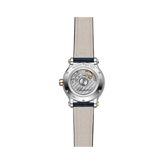 Chopard Happy Sport watch in 18k ethical rose gold and stainless steel with moving diamonds and sapphires, view 2