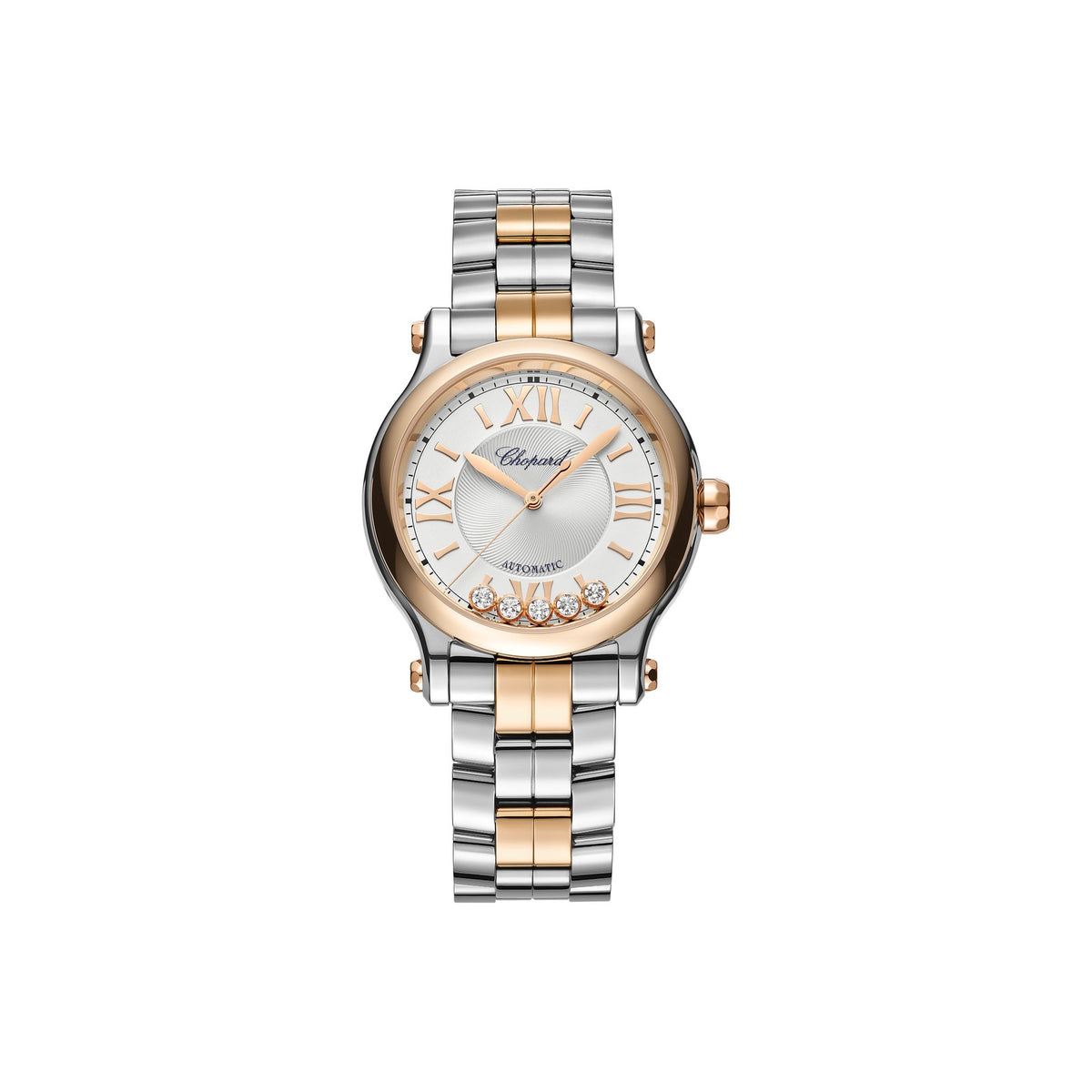 Chopard Happy Sport watch in 18k ethical rose gold and stainless steel with moving diamonds and sapphires