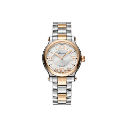 Chopard Happy Sport watch in 18k ethical rose gold and stainless steel with moving diamonds and sapphires