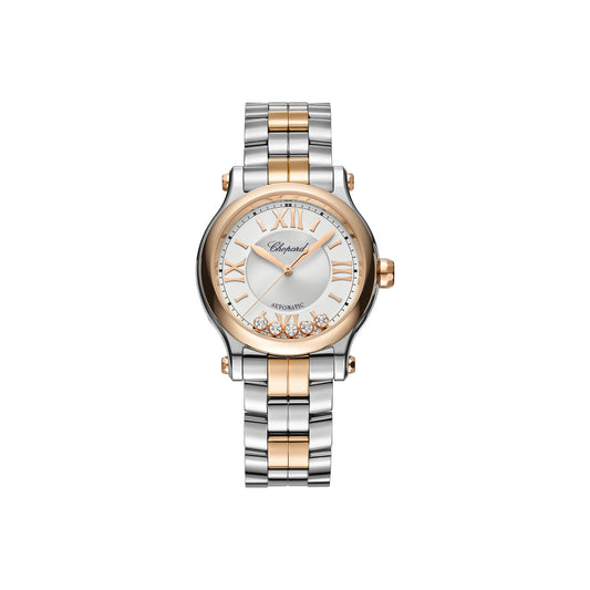 Chopard Happy Sport watch in 18k ethical rose gold and stainless steel with moving diamonds and sapphires