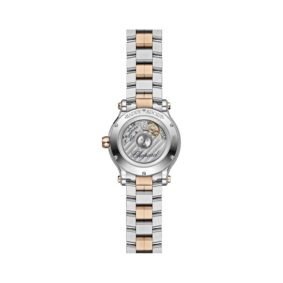 Chopard Happy Sport watch in 18k ethical rose gold and stainless steel with moving diamonds and sapphires, view 2