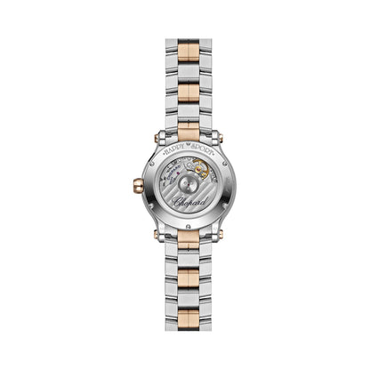 Chopard Happy Sport watch in 18k ethical rose gold and stainless steel with moving diamonds and sapphires, view 2