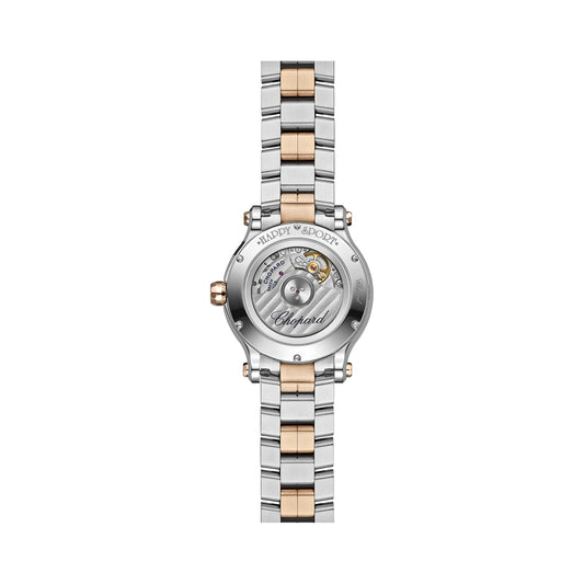 Chopard Happy Sport watch in 18k ethical rose gold and stainless steel with moving diamonds and sapphires, view 2