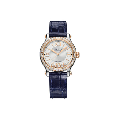 Chopard Happy Sport watch in 18k ethical rose gold and stainless steel with moving diamonds and sapphires