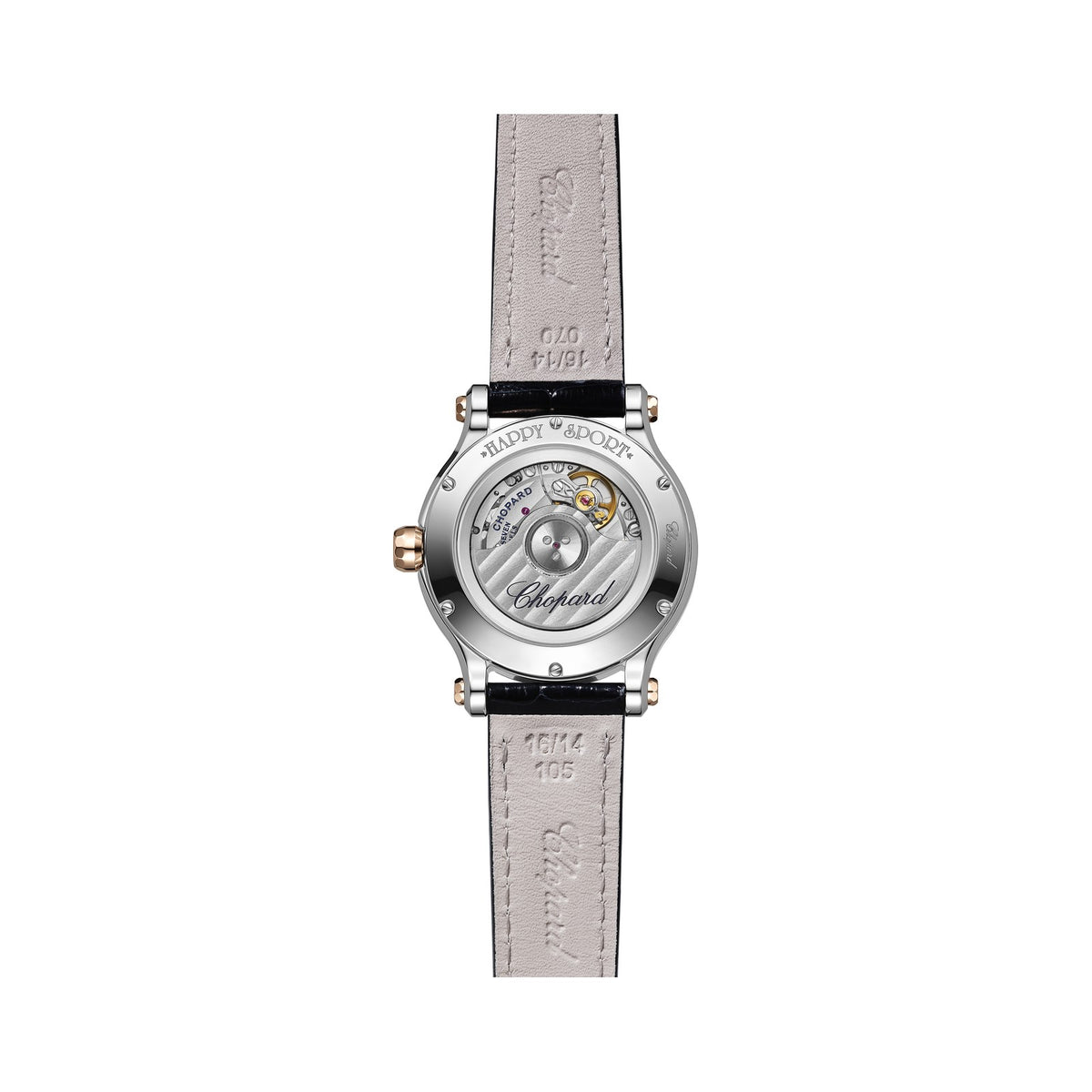 Chopard Happy Sport watch in 18k ethical rose gold and stainless steel with moving diamonds and sapphires, view 2