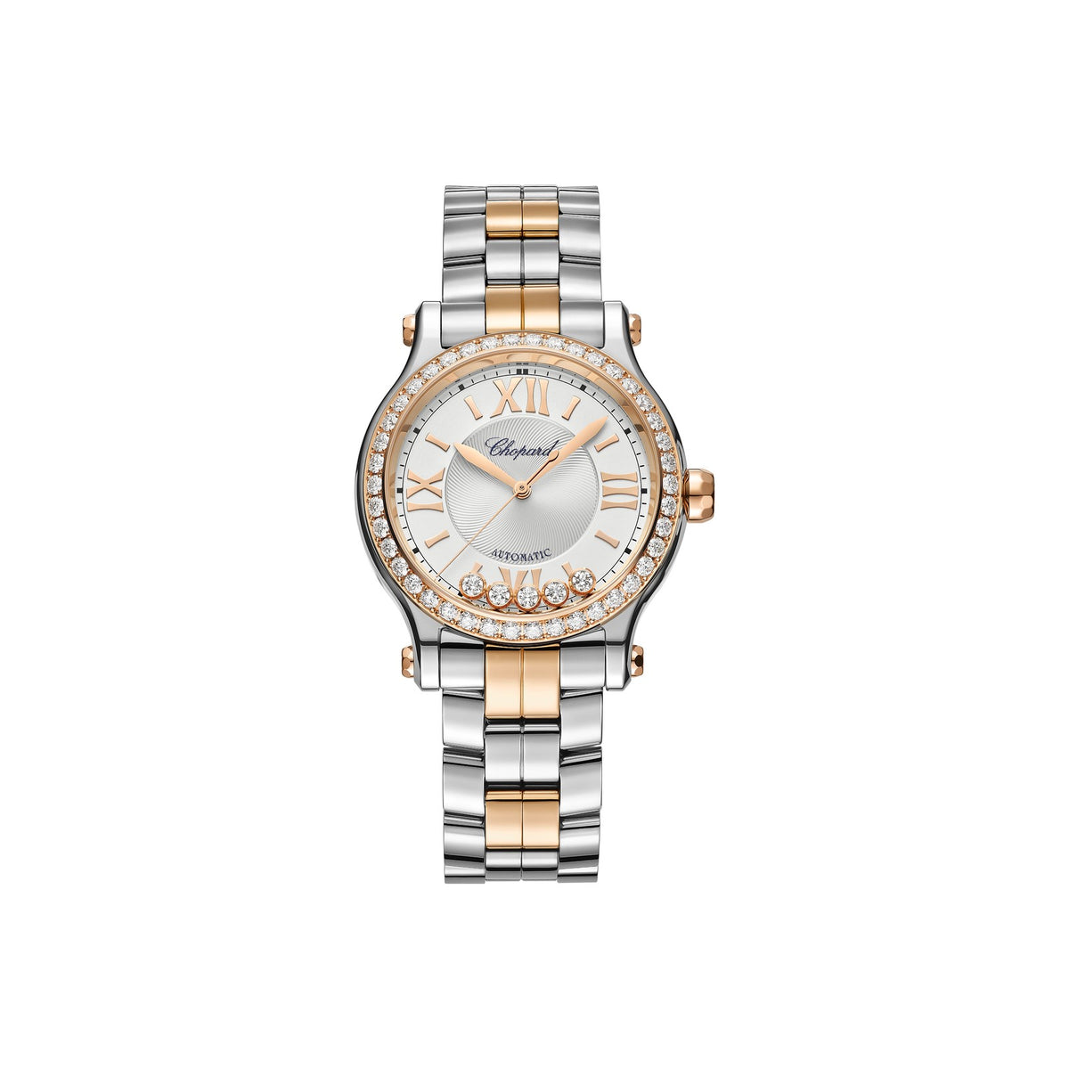 Chopard Happy Sport watch in 18k ethical rose gold and stainless steel with moving diamonds and sapphires
