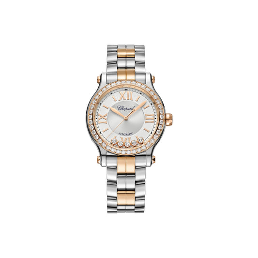 Chopard Happy Sport watch in 18k ethical rose gold and stainless steel with moving diamonds and sapphires