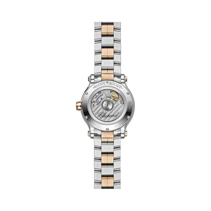 Chopard Happy Sport watch in 18k ethical rose gold and stainless steel with moving diamonds and sapphires, view 2