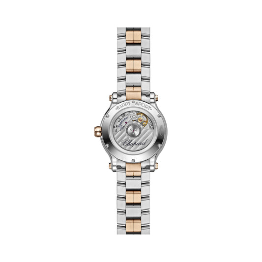 Chopard Happy Sport watch in 18k ethical rose gold and stainless steel with moving diamonds and sapphires, view 2
