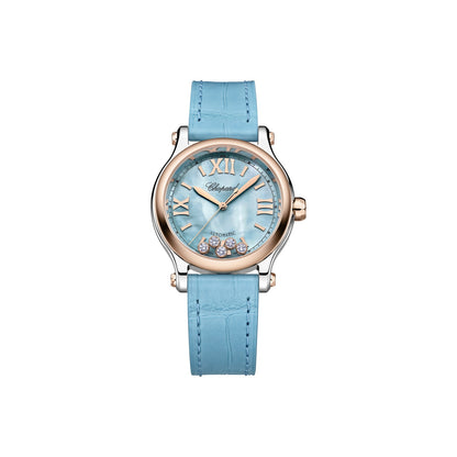 Chopard Happy Sport watch in 18k ethical rose gold and stainless steel with moving diamonds