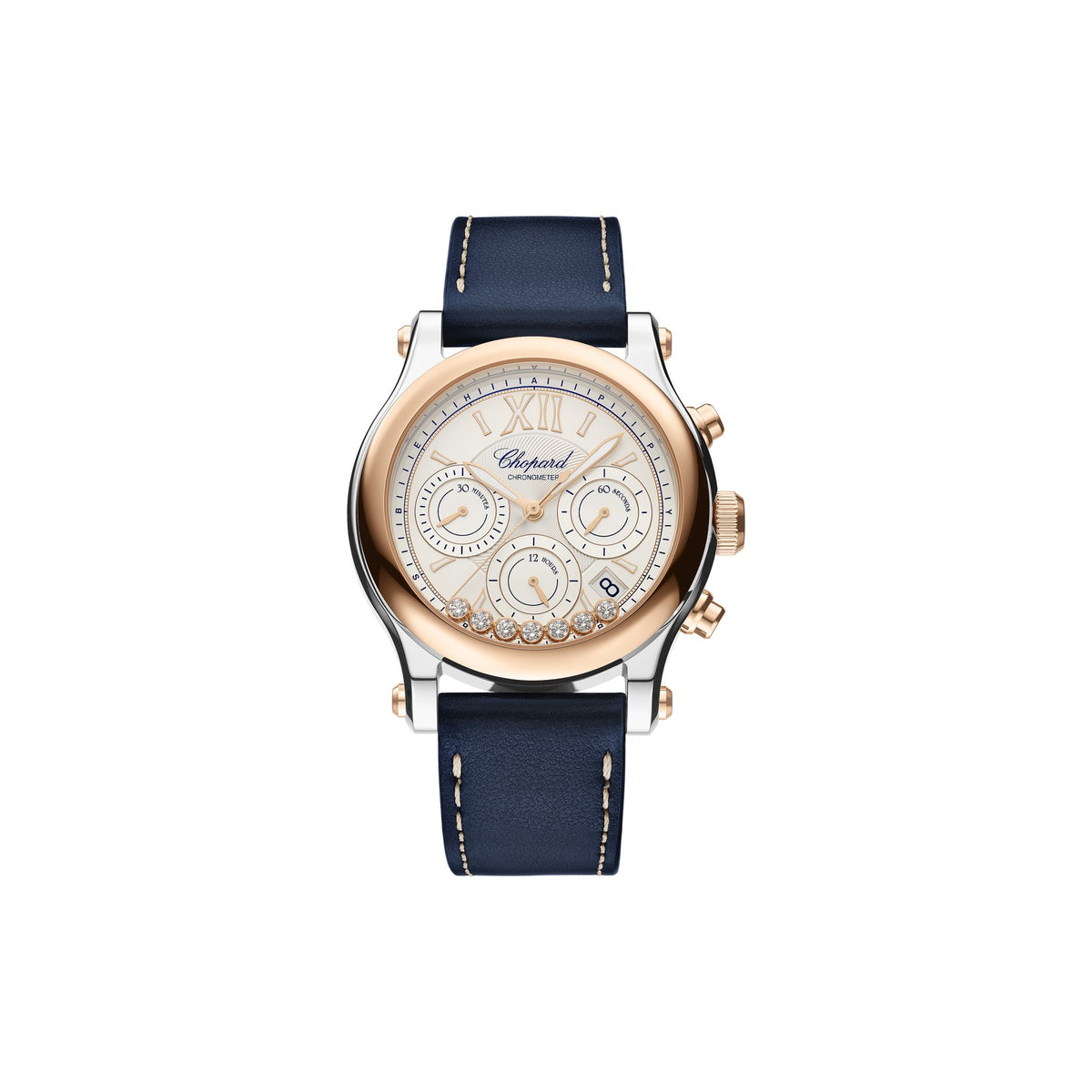 Chopard Happy Sport watch in 18k ethical rose gold and stainless steel with moving diamonds and sapphires