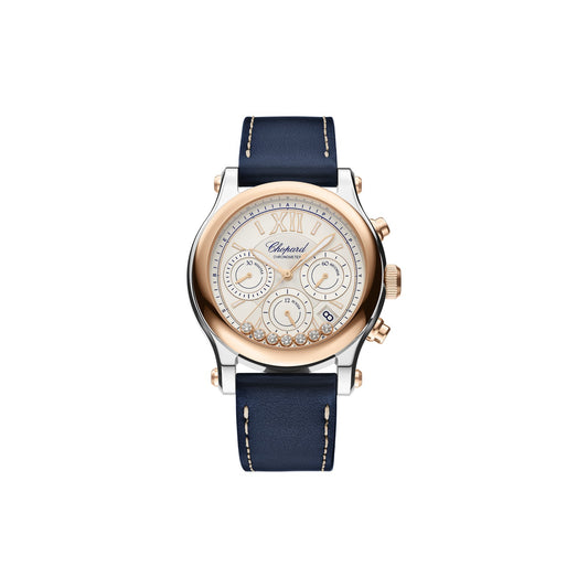 Chopard Happy Sport watch in 18k ethical rose gold and stainless steel with moving diamonds and sapphires