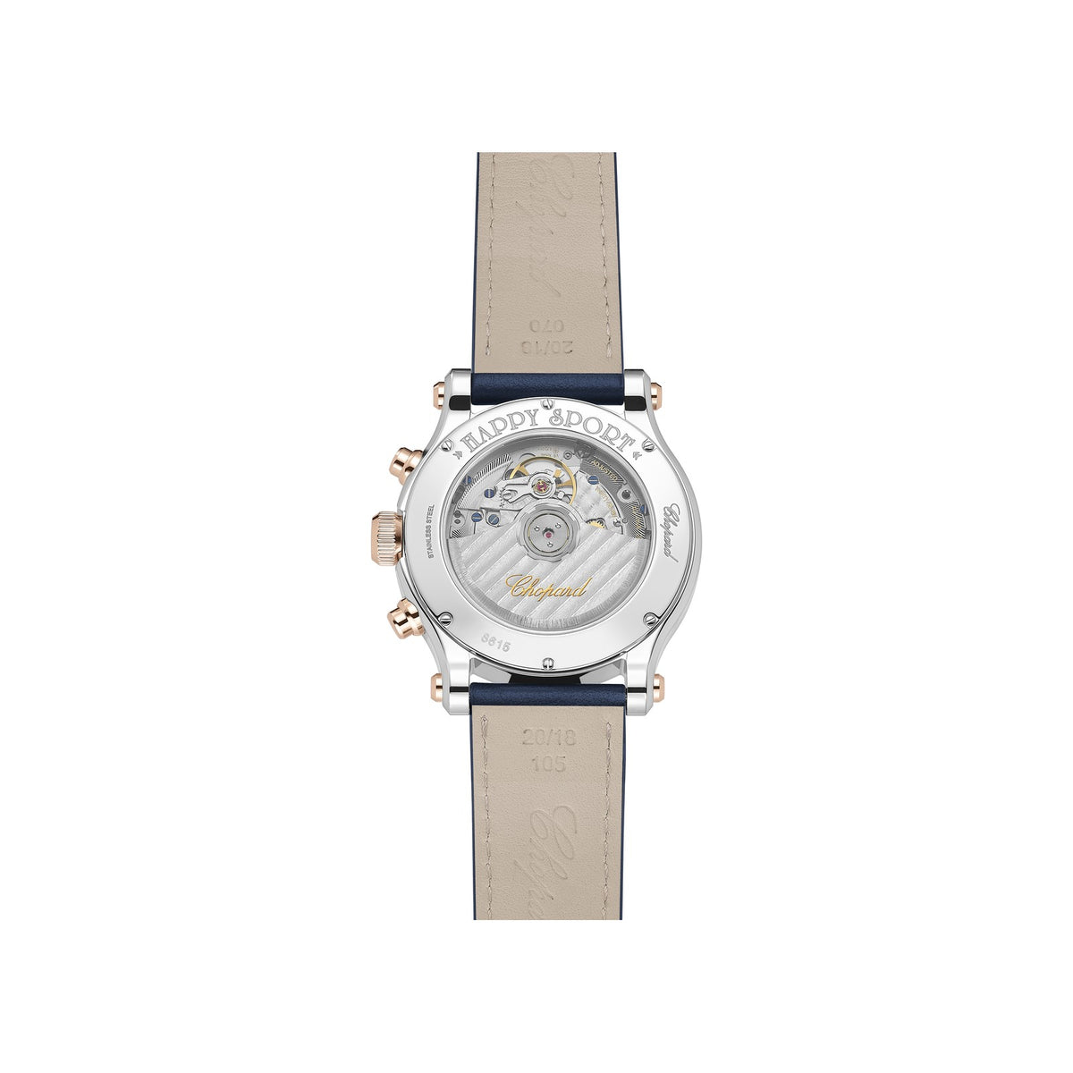 Chopard Happy Sport watch in 18k ethical rose gold and stainless steel with moving diamonds and sapphires, view 2