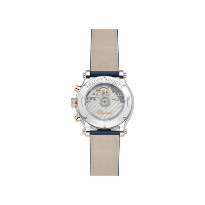 Chopard Happy Sport watch in 18k ethical rose gold and stainless steel with moving diamonds and sapphires, view 2