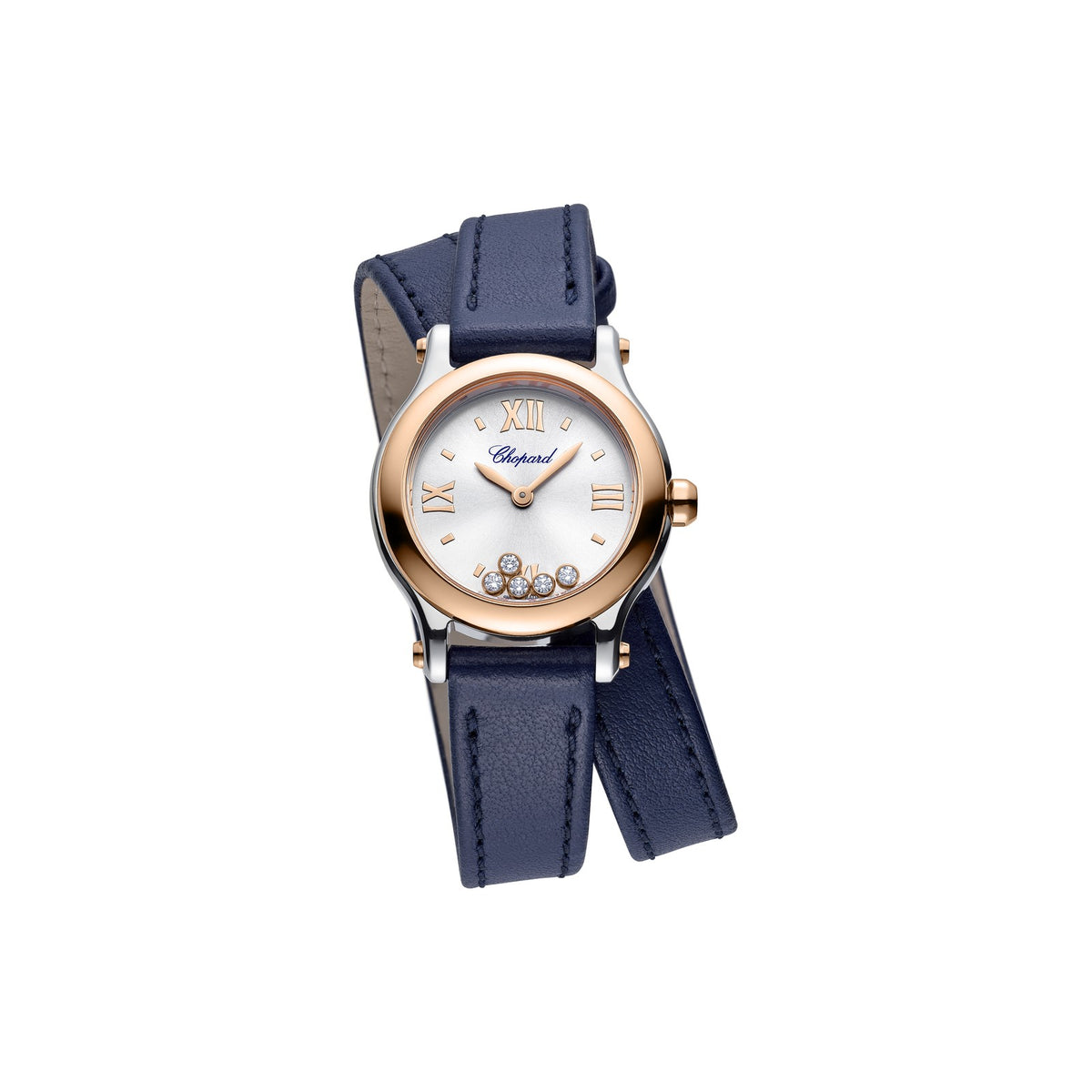 Chopard Happy Sport watch in 18k ethical rose gold and stainless steel with moving diamonds and sapphires