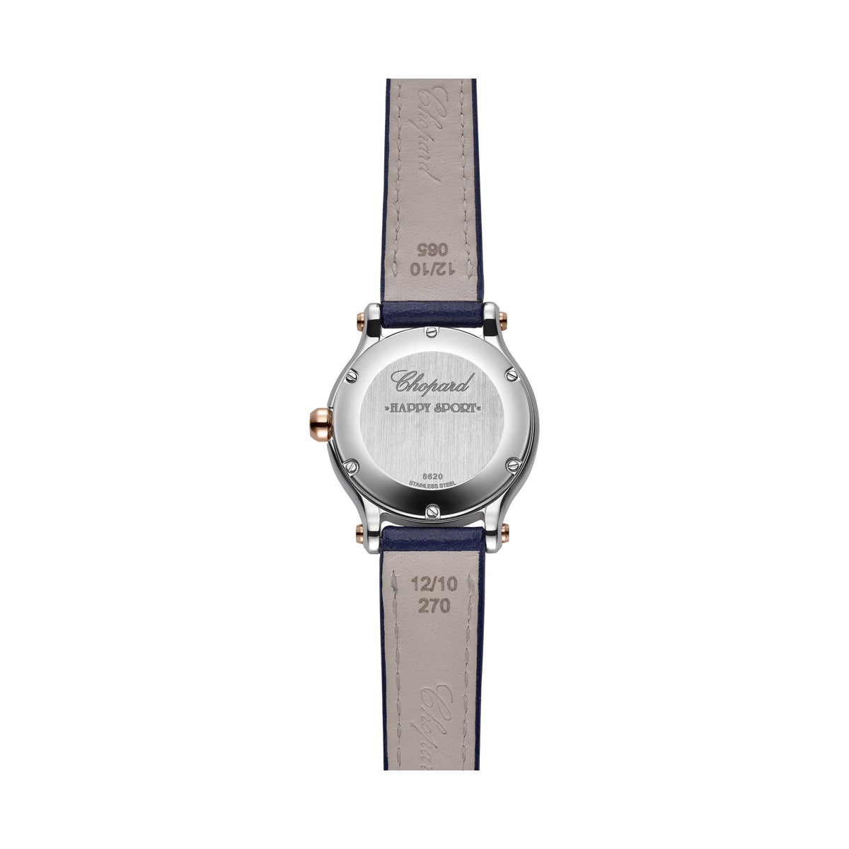 Chopard Happy Sport watch in 18k ethical rose gold and stainless steel with moving diamonds and sapphires, view 3