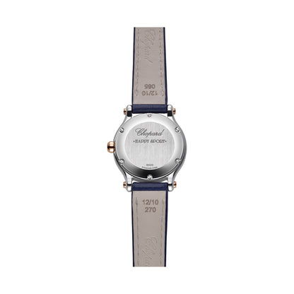 Chopard Happy Sport watch in 18k ethical rose gold and stainless steel with moving diamonds and sapphires, view 3