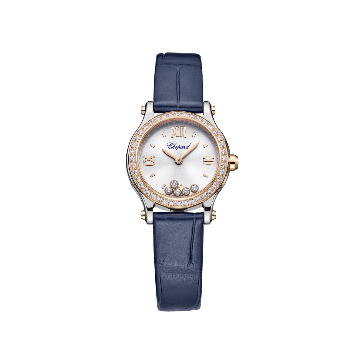 Chopard Happy Sport watch in 18k ethical rose gold and stainless steel with moving diamonds and sapphires