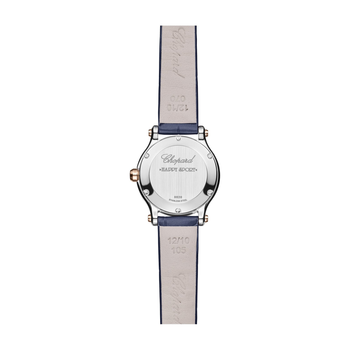 Chopard Happy Sport watch in 18k ethical rose gold and stainless steel with moving diamonds and sapphires, view 2