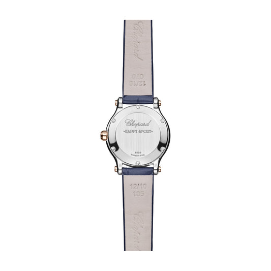 Chopard Happy Sport watch in 18k ethical rose gold and stainless steel with moving diamonds and sapphires, view 2
