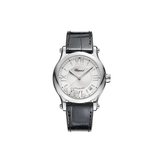 Chopard Happy Sport watch in stainless steel with moving diamonds and sapphires