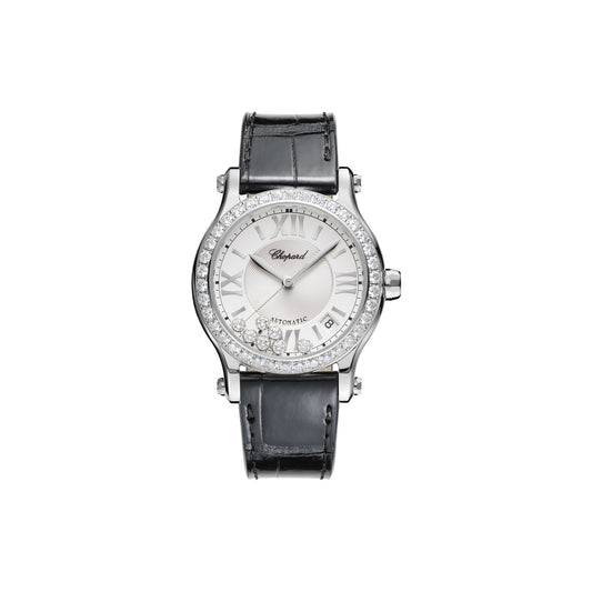 Chopard Happy Sport watch in stainless steel with moving diamonds and sapphires
