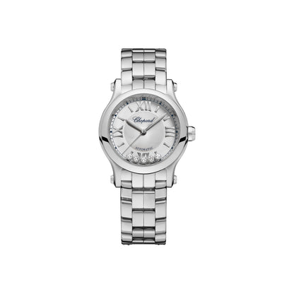 Chopard Happy Sport watch in stainless steel with moving diamonds and sapphires