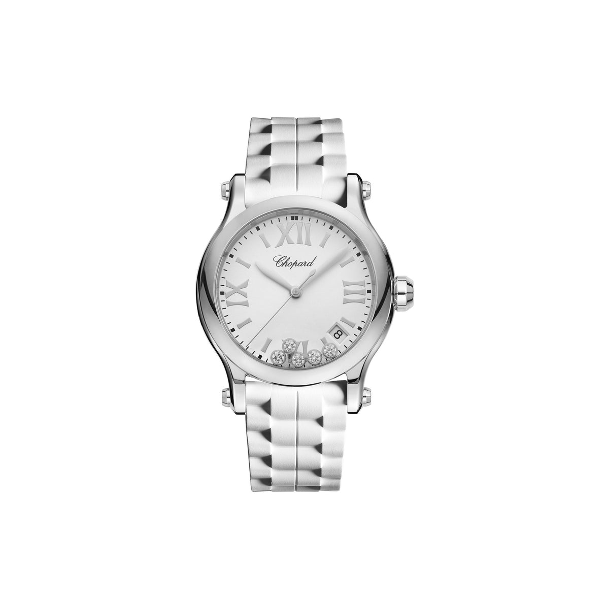 Chopard Happy Sport watch in stainless steel with moving diamonds and sapphires
