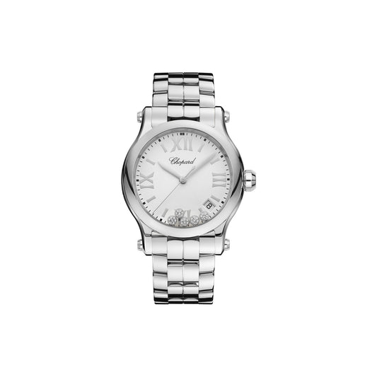 Chopard Happy Sport watch in stainless steel with moving diamonds and sapphires