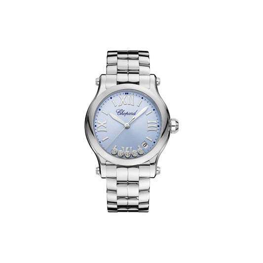 Chopard Happy Sport watch in stainless steel with moving diamonds and sapphires