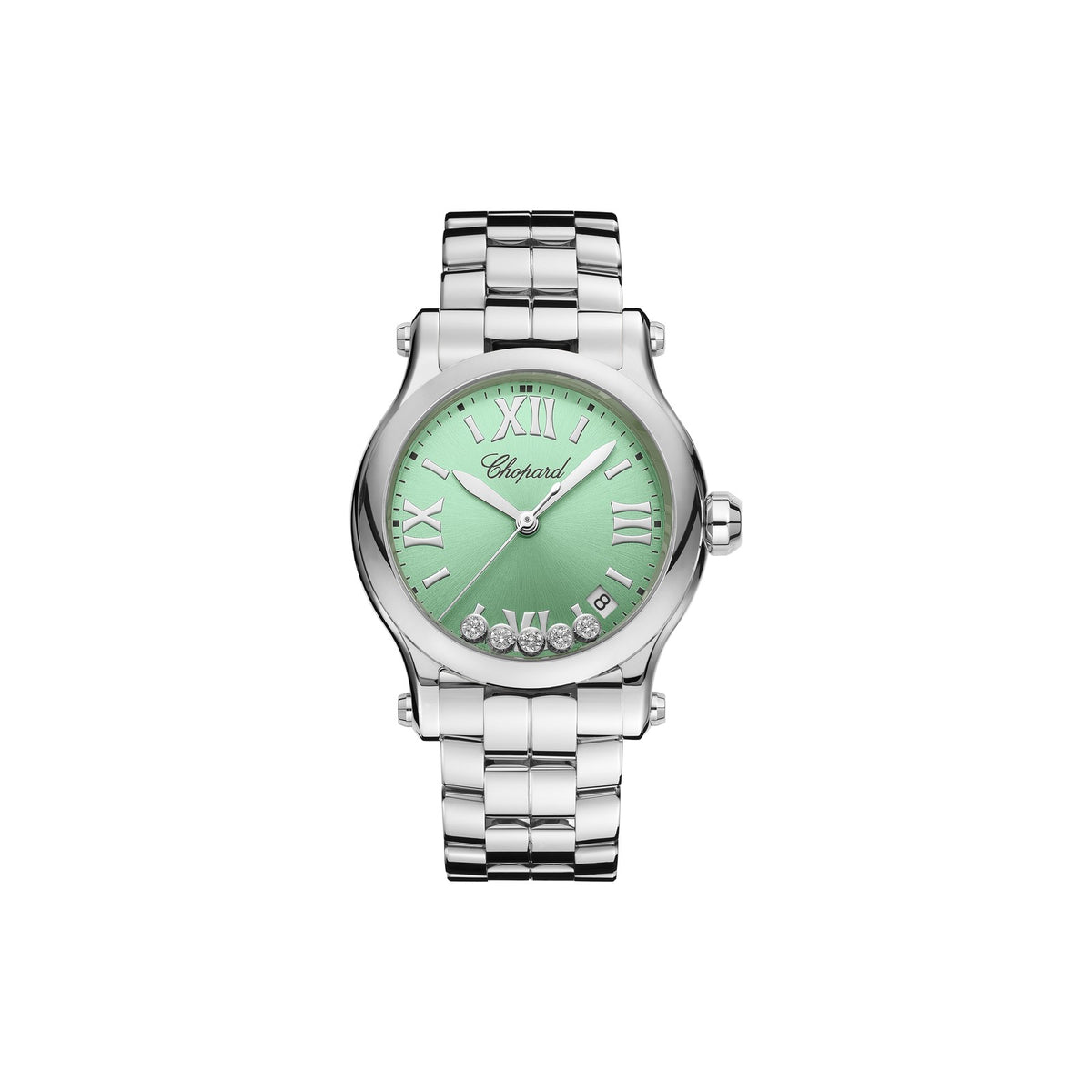 Chopard Happy Sport watch in stainless steel with moving diamonds and tsavorites